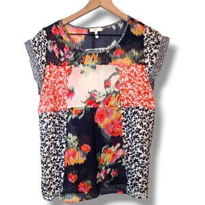 Joie top womens Medium patchwork floral blue orange 100% Silk cap-sleeve